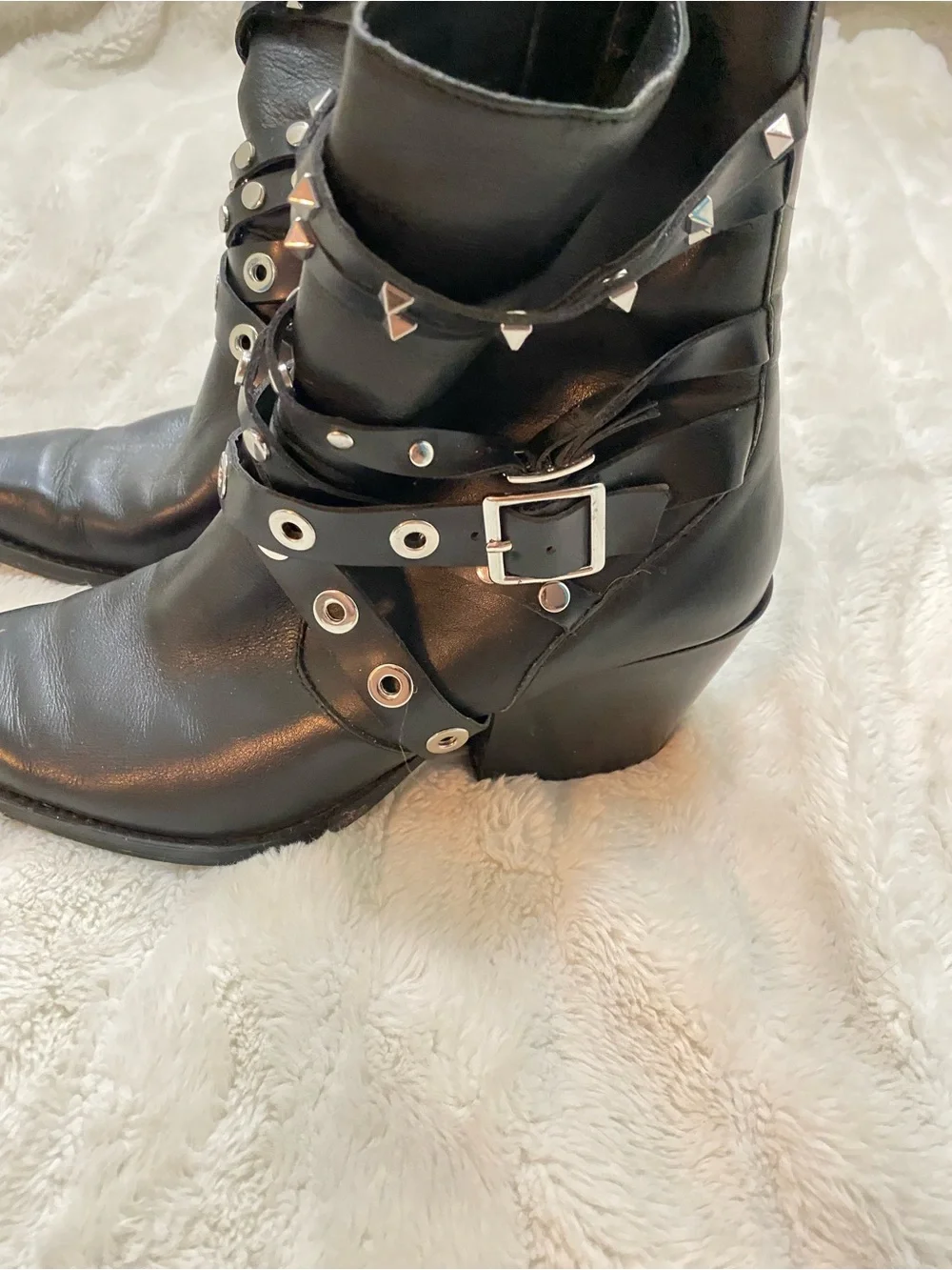 Zara Black Leather Studded Ankle Boots with Buckle Straps Size 8.5 (39)